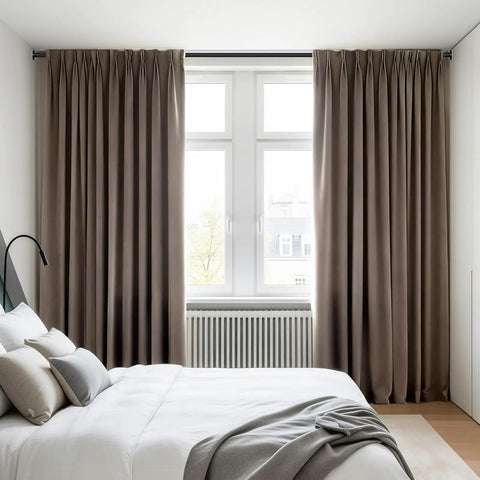 Bedroom window with Heavy Duty Tension Curtain Rod No Drilling Adjustable From 41 To 126 Inches 1.26 Inch Diameter Easy One Pull Install Indoor And Outdoor Use Fits Windows Bathrooms Showers And Patios Strong Rust Resistant, holding brown curtains.