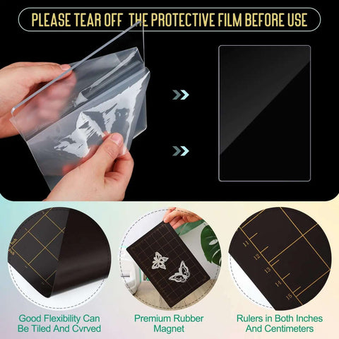 Peeling protective film from Must Have Die Cutting Magnetic Shim Mat Set 6x9 Inch With Card Size Grids And Two Acrylic Cutting Plates