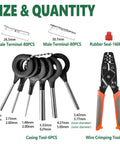 Waterproof Automotive Electrical Connector Kit With 367 Pieces Across 20 Sets Including 1 2 3 4 6 Pin Male And Female Terminals For 22 To 14 AWG Wire Harnesses Plus Crimping Tool With Easy Setup And Quick Connectors, size and quantity chart with terminals and crimp tools