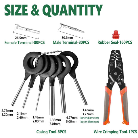 Waterproof Automotive Electrical Connector Kit With 367 Pieces Across 20 Sets Including 1 2 3 4 6 Pin Male And Female Terminals For 22 To 14 AWG Wire Harnesses Plus Crimping Tool With Easy Setup And Quick Connectors, size and quantity chart with terminals and crimp tools