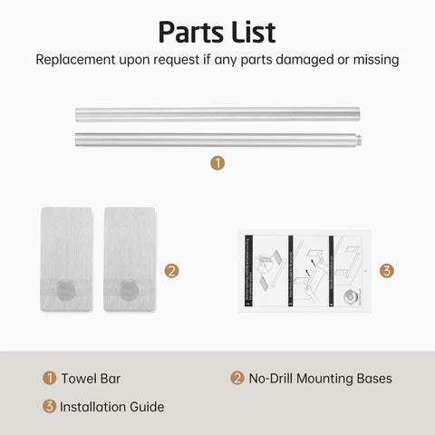 Parts list for No Drill Adhesive Towel Bar 22 Inch Wall Mount For Bathroom Stick On Towel Rack Rustproof SUS304 Stainless Steel