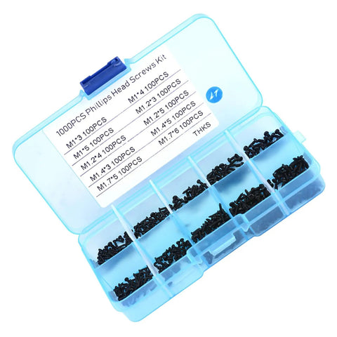 1000 Piece Stainless Steel Self Tapping Screw Kit M1 To M1.7 For Eyeglasses Watches Laptops Cameras And RC Repairs Go To Multi Purpose Assortment With Anti Rust Finish shown in organized compartments