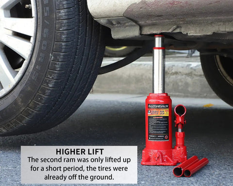 3 Ton Double Ram Bottle Jack with Extended Lift Range from 6.5 to 16.5 inches under a car lifting it in a workshop setting
