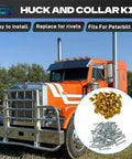Peterbilt 379 Compatible 3 16 Inch Medium Flange Steel Collar Kit With Button Head Fasteners displayed next to truck