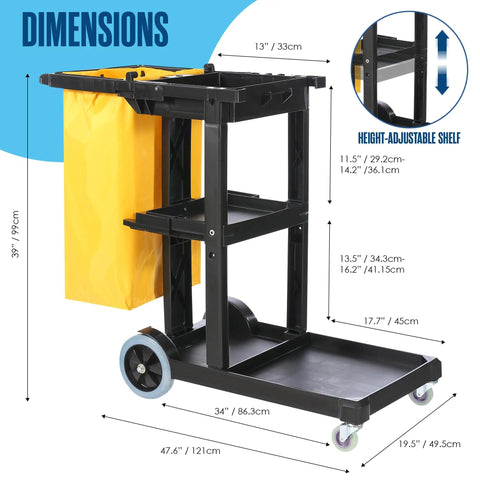 Cleaning Cart On Wheels For Janitorial And Custodial Use Heavy Duty Rolling Supply Organizer, 440 LB Capacity, side view