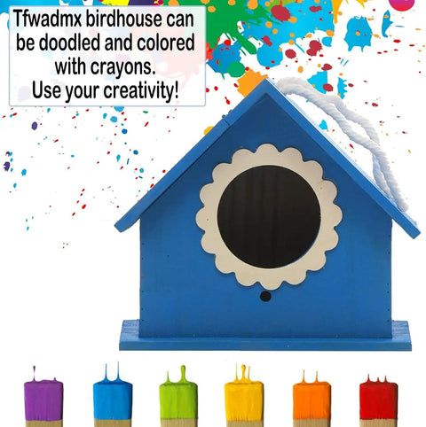 Wooden Bird House Hanging Outdoor Nest Box for Garden Decor with crayons; customizable blue bird house for small birds.