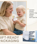 2 Pack Ceramic White Duck Toilet Bolt Covers With 4 Round Cap Washers held by woman and child, gift-ready packaging