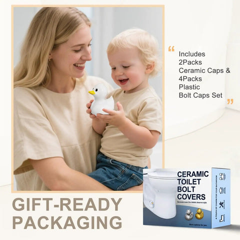 2 Pack Ceramic White Duck Toilet Bolt Covers With 4 Round Cap Washers held by woman and child, gift-ready packaging