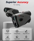 Golf Rangefinder With Slope And 1200 Yard Range, 7X Magnification, Magnetic Bracket, Flag Pole Lock, USB C Rechargeable, GolfVue Series 1 Pro displayed on stand
