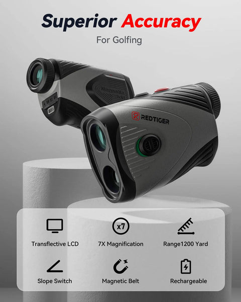 Golf Rangefinder With Slope And 1200 Yard Range, 7X Magnification, Magnetic Bracket, Flag Pole Lock, USB C Rechargeable, GolfVue Series 1 Pro displayed on stand