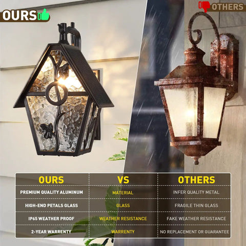 Comparison of two wall lanterns; left: Rustic Outdoor Wall Lanterns With Water Glass Panels, right: generic lantern.