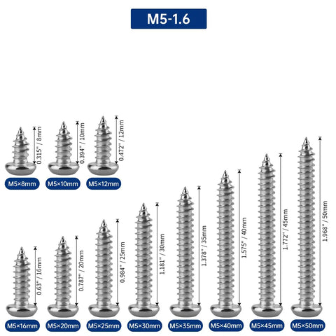 50 Pack M5 X 40Mm Security Torx Screws Pin In Button Head Tapping Bolts Marine Grade 304 Stainless Steel displayed in various sizes.