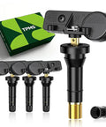 Four Pack 315 Mhz Tire Pressure Monitoring System Sensors For Chevy Silverado 2007 To 2019 Pickup Truck, black rubber valves with gold stem.