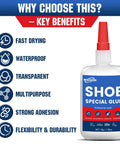 Two Pack 30g Shoe Glue Quick Dry Adhesive For Sneakers Boots Heels Hiking Shoes Leather And Handbags key benefits list
