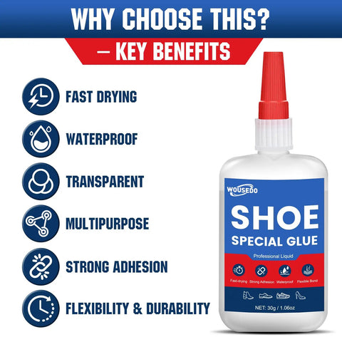 All In One Shoe Repair Glue For Boots Sneakers Heels Hiking Shoes Leather And Handbags Quick Dry Industrial Strength Bond Waterproof Flexible Adhesive For Sole Uppers And Detach Parts Tough As Nails bottle with key benefits listed: fast drying, waterproof, transparent, multipurpose, strong adhesion, flexibility and durability.
