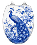 Elongated Chinoiserie Blue Peacock Floral Design Traditional Toilet Seat with intricate blue peacock and floral pattern on resin.