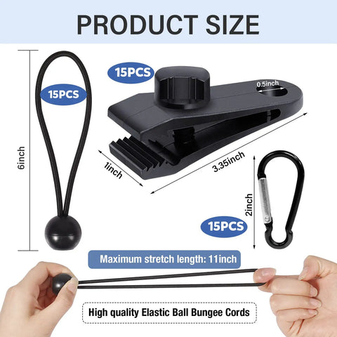 45Pcs Heavy Duty Tarp Clips Set With Lock Grip Carabiner Clips And Bungee Cords product size illustration with dimensions