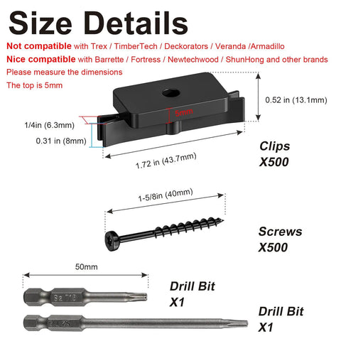 Size details of No Sweat 500 Pack Polymer Hidden Deck Fasteners For Composite Backyard Patio Builds, featuring clips, screws, and drill bits.