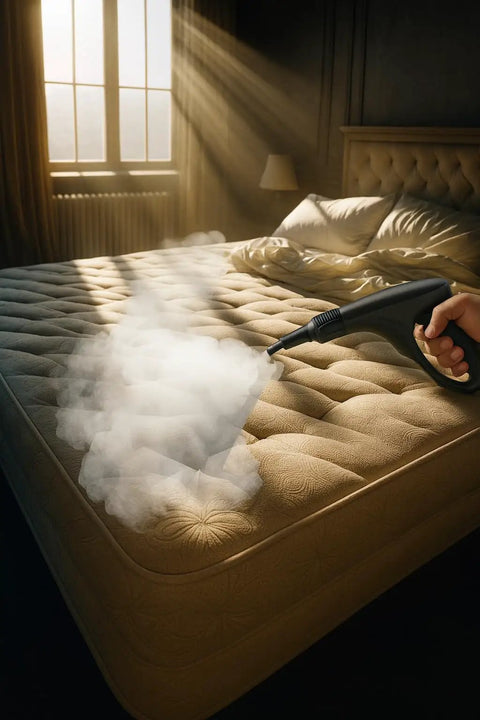 Heavy Duty Steam Cleaner Kit Packing One Thousand Fifty Watts Of Scalding Vapor For Forty Five Minutes Of No Sweat Scrubbing on mattress.
