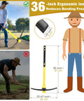 36 Inch Pick Mattock With Heavy Duty Rail Steel Head And Fiberglass Handle, shown in ergonomic and incorrect usage scenes.