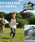 Kids running outdoors with Foam RC Plane For Kids And Adults With Two Batteries, 360 Degree Flips, LED Lights in the sky