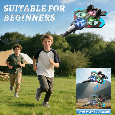 Kids running outdoors with Foam RC Plane For Kids And Adults With Two Batteries, 360 Degree Flips, LED Lights in the sky