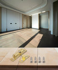 Premium 70mm Brass Ball Roller Catch For Cabinet Doors And Machines with adjustable steel rollers and screws on wooden surface.