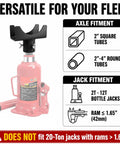 2 In 1 Bottle Jack Adapter With Triple Lock For Three To Four Inch Round And Two Inch Square Axle Tubes Universal Wobble Free Fit For Two To Twelve Ton Bottle Jacks Heavy Duty One Quarter Inch Steel Saddle For RV Truck And Trailer with fitment details and warning label