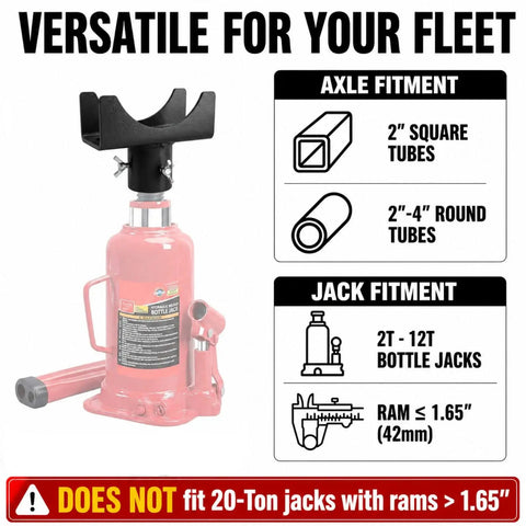 2 In 1 Bottle Jack Adapter With Triple Lock For Three To Four Inch Round And Two Inch Square Axle Tubes Universal Wobble Free Fit For Two To Twelve Ton Bottle Jacks Heavy Duty One Quarter Inch Steel Saddle For RV Truck And Trailer with fitment details and warning label