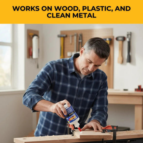Man using Thick Wood Glue 2 Oz Professional Grade Adhesive For Cracks And Joints Fills Cracks Dries Crystal Clear indoor woodworking