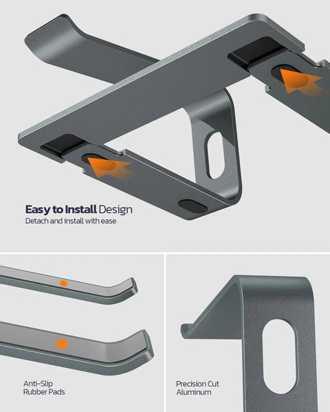 All Aluminum Laptop Stand For Desk Setup With Ventilated Cooling Detachable Ergonomic Riser showing anti-slip rubber pads and precision cut aluminum