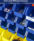 Close-up of bins from Dual-Sided 9-Tier Rolling Steel Bin Rack With 90 Plastic Bins On Wheels filled with screws and small tools.