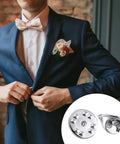 Clutch Badge Pin Backs Replacement Set 10 Mm Nickel Plated Brass For Insignia 50 Pack shown with suit and boutonnière