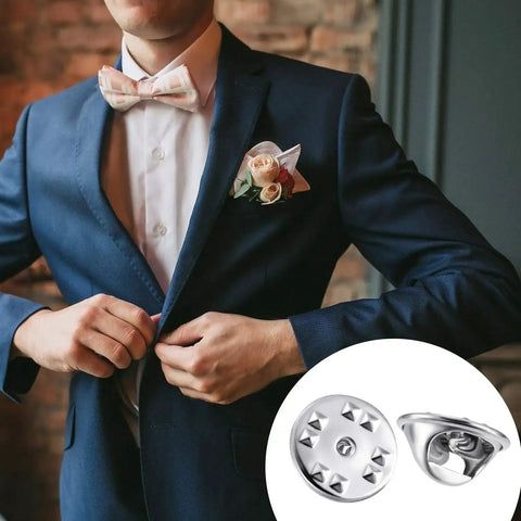 Clutch Badge Pin Backs Replacement Set 10 Mm Nickel Plated Brass For Insignia 50 Pack shown with suit and boutonnière