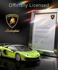 Lamborghini Licensed One To Twenty Four Scale Remote Control Car For Boys And Girls Green RC Toy Vehicle next to certificate