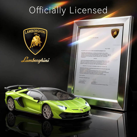 Lamborghini Licensed One To Twenty Four Scale Remote Control Car For Boys And Girls Green RC Toy Vehicle next to certificate