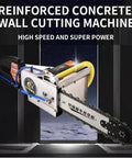 High Torque Electric Concrete Wall Saw Featuring Built Like A Tank Diamond Chain Blade For Fast Grooving Clean Slotting And Smooth Masonry Cutting Projects, with high-speed chain and powerful motor.