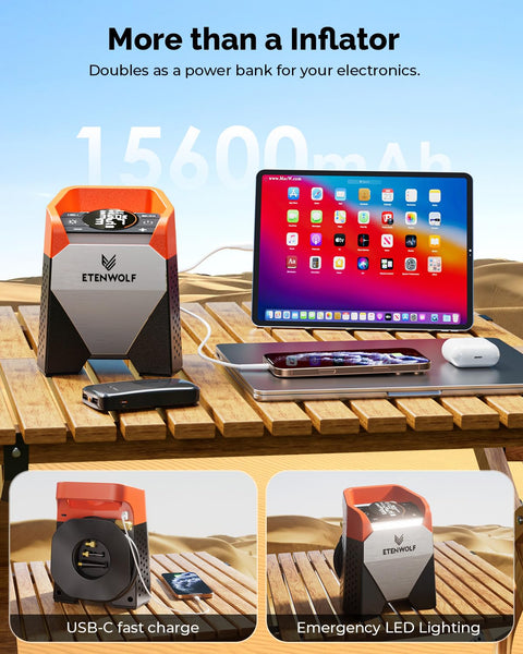 Zephyr S5 Cordless Tire Inflator With Led Light Ultra Fast 160 PSI Portable Air Compressor 15600mAh Battery shown as power bank on table