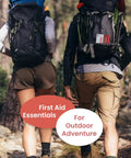 Hikers with backpacks labeled 'First Aid Essentials for Outdoor Adventure' in a forest setting.