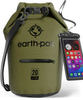 Waterproof Dry Bag 20L With Front Zip Pocket And Phone Case shown in olive, heavy duty 500D PVC, ideal for kayaking and camping.