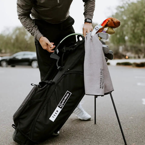 Golfer with Right Hand Golf Swing Training Aid That Improves Clubface Awareness, Swing Plane, And Impact For Consistent Distance