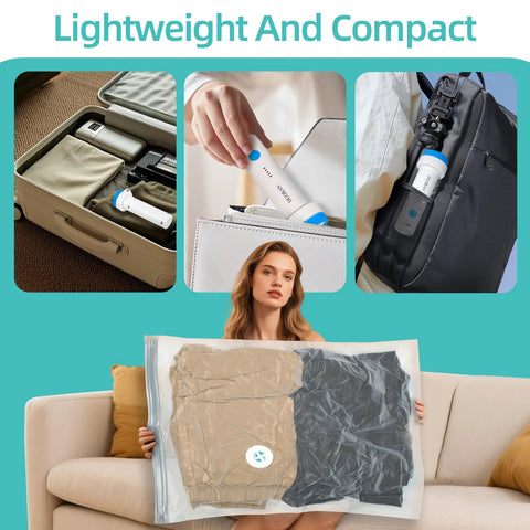 DUORAN cordless electric vacuum pump with blue accents; portable pump for vacuum bags used on suitcase, backpack.
