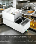 Heavy Duty Commercial Deep Fryer Oil Filter Machine 65L Capacity With Smooth Mobile Cart And Fast 30 Liters Per Minute Filtration Speed in a busy kitchen.