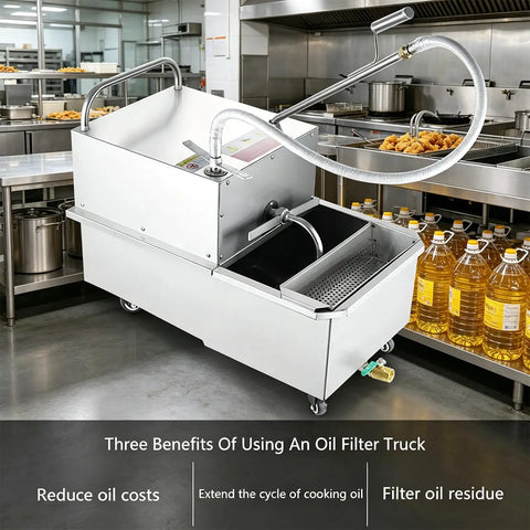 Heavy Duty Commercial Deep Fryer Oil Filter Machine 65L Capacity With Smooth Mobile Cart And Fast 30 Liters Per Minute Filtration Speed in a busy kitchen.