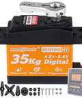 HobbyPark 35kg digital waterproof RC servo with metal gear and horn; black case, orange label, hardware kit