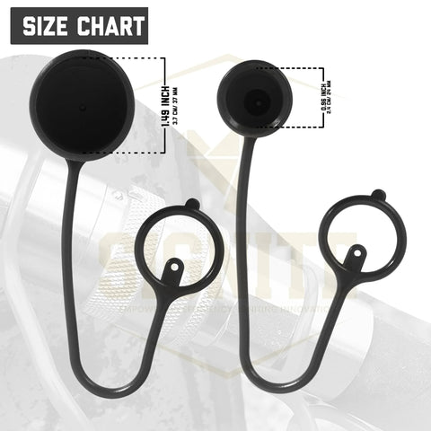 Front view of black ISO 16028 hydraulic quick-disconnect dust caps and female plug covers for skid steer attachments