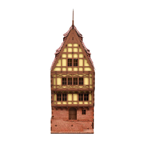 Front view of Realistic Medieval Rowhouse DIY Wood Building Kit For Teens And Adults, Eco Friendly Non Toxic Craft, Classic Model