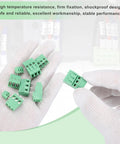 Beefy 10 Pack 3 Pin PCB Mount Screw Terminal Block Connector 5.08mm Pitch Green For 22-12AWG Cable 300V 10A Easy Clamp Wiring Terminal Block For DIY Electronics And Industrial Projects, green 3-pin PCB terminal block in gloved hands