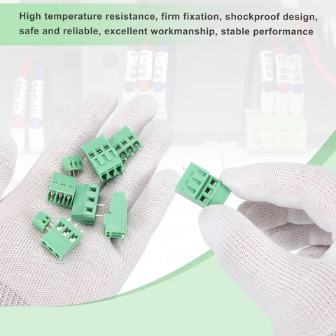Beefy 10 Pack 3 Pin PCB Mount Screw Terminal Block Connector 5.08mm Pitch Green For 22-12AWG Cable 300V 10A Easy Clamp Wiring Terminal Block For DIY Electronics And Industrial Projects, green 3-pin PCB terminal block in gloved hands