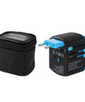Universal USB Travel Power Adapter With Quad USB Ports And Type C For Worldwide Charging All In One International Wall Charger next to carrying case
